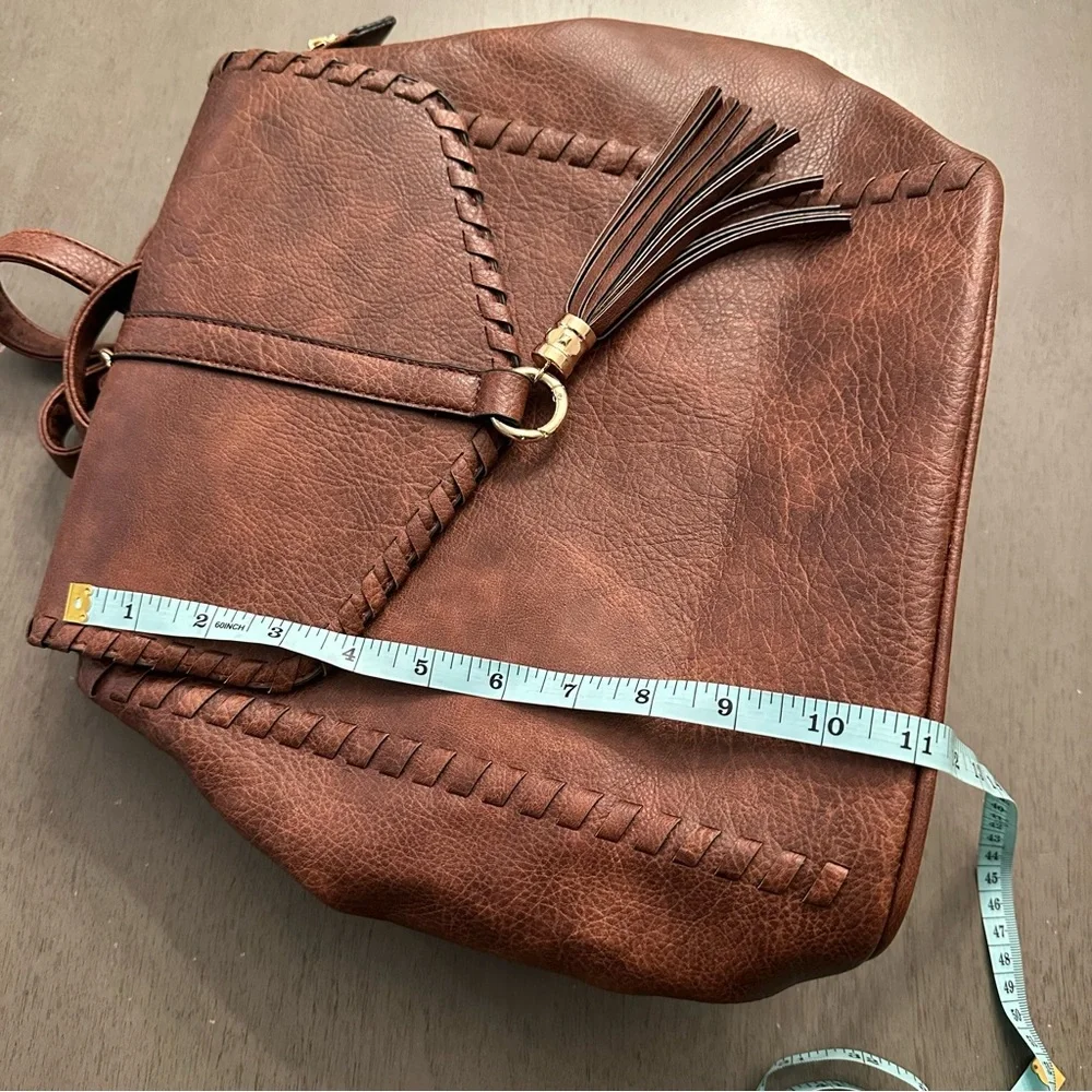 ALYSSA Faux Vegan Leather Whipstitch Brown Backpack New - Picture 9 of 13